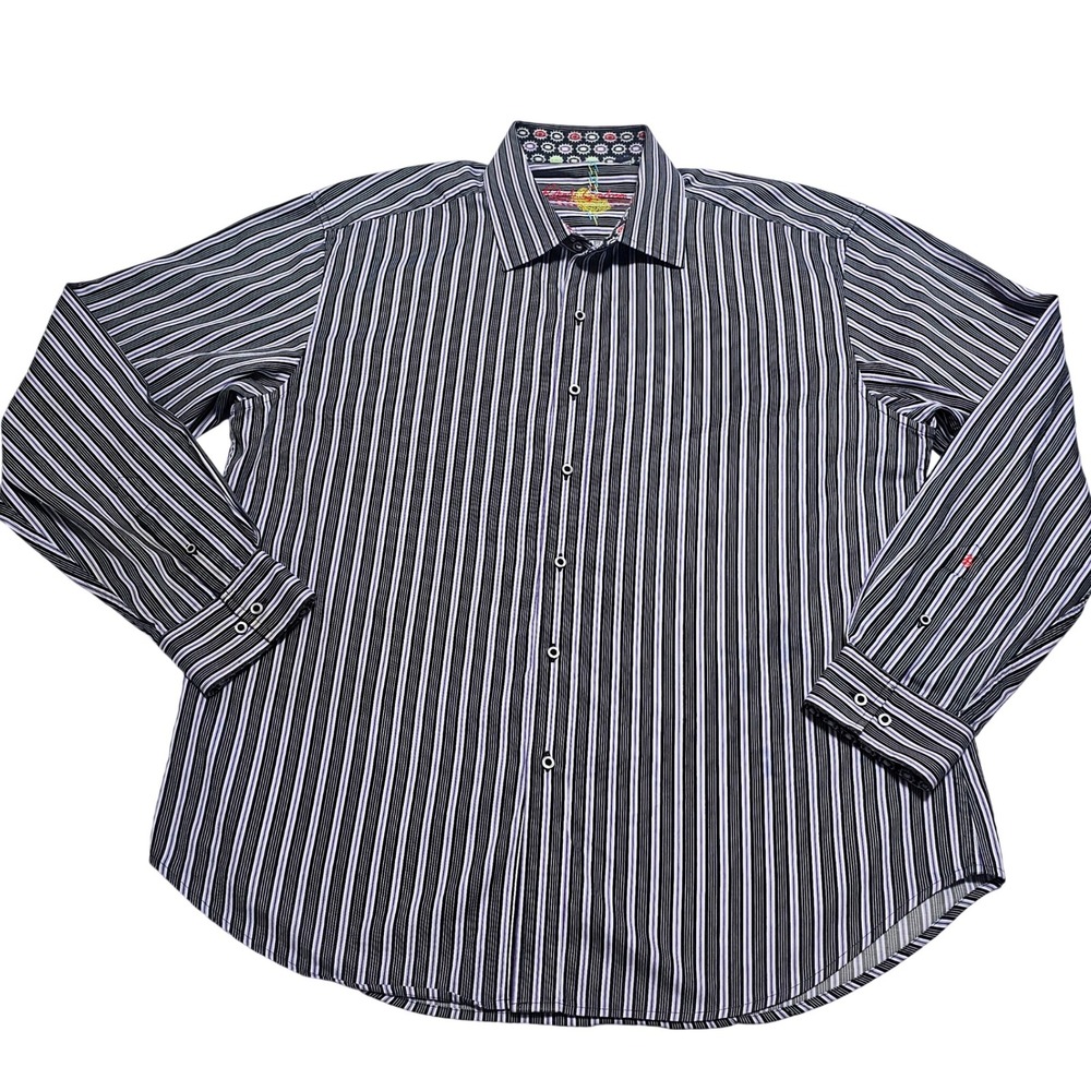 Robert Graham Men 2XL Striped Button Up Shirt Flip Cuff Embroidered Black Purple